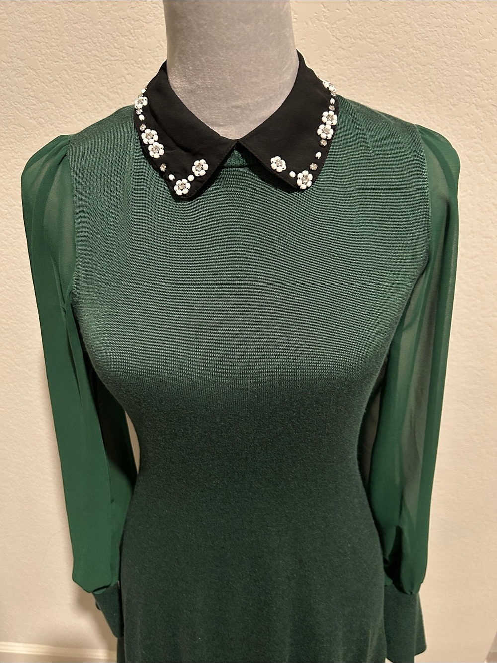 CeCe Emerald Green Long Sleeve Dress with Embellished Black Collar - Picture 2 of 6